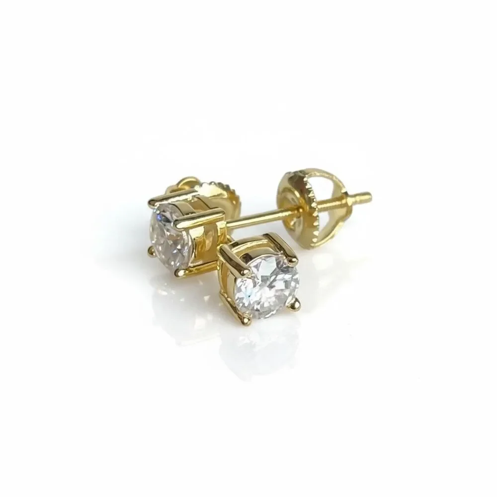Stunning 6.5mm Moissanite Round Screw Back 18k Gold Solitaire Stud Earrings 2ctw - Picture 3 of 9